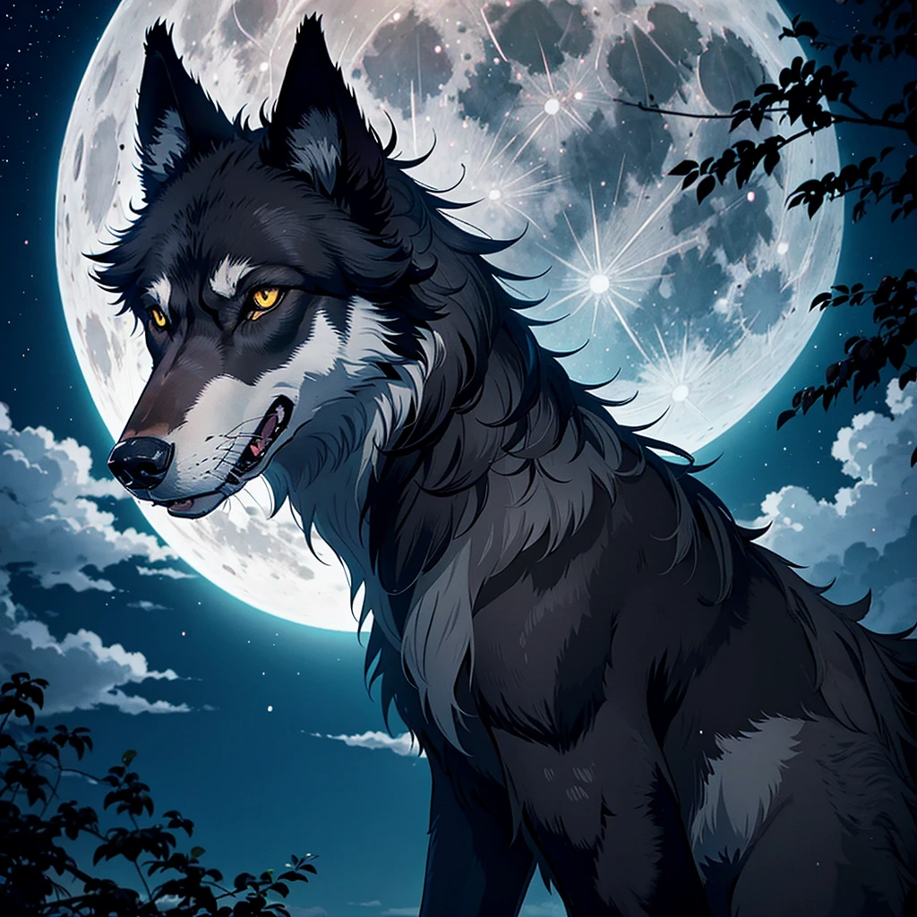 Portrait of a majestic dark grey wolf in anime style. A full moon in the background. Anatomically correct.