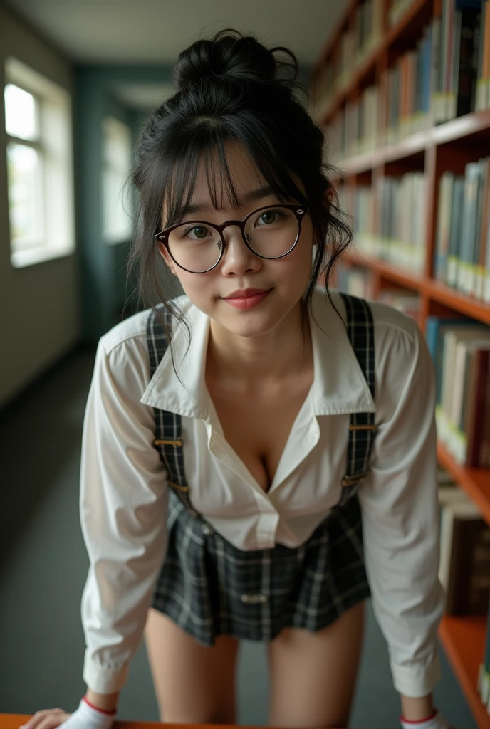 Nerdy young Asian girl, beautiful face, innocent eyes, green eyes, black hair, messy bun, messy ponytail, body, large breasts, heart shaped butt, glasses, eyeglasses, short plaid skirt, short pleated skirt, tight white collared crop top, bare stomach, pierced bellybutton, knees high socks, Mary Jane shoes, no panties, perky nipples, see through shirt, no bra, sexy, low angle, up skirt shot, flirty, pretty, seductive, empty library, dimly lit Library, bent over table, sex