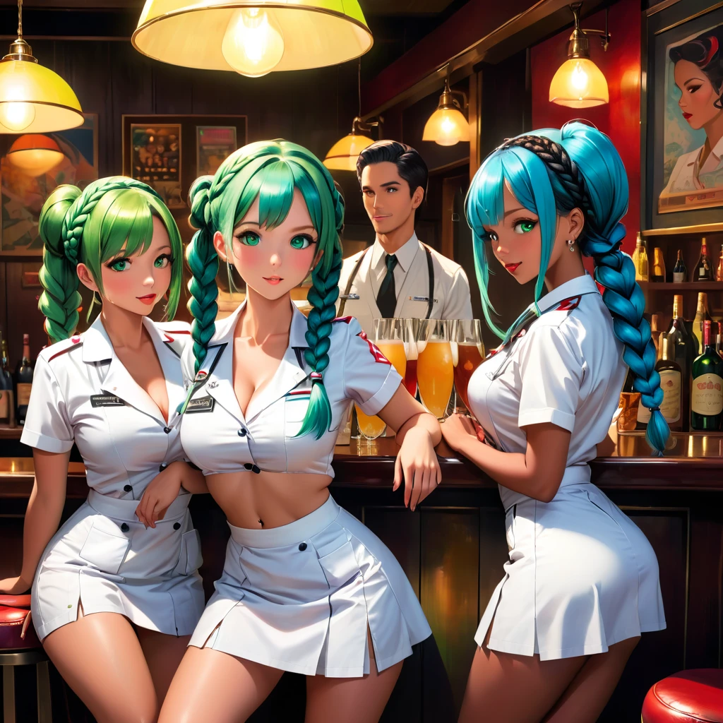 Third person view, The male bartender with huge and 5 human women, Vin, Naz, Jae, Indi and Maya, the enticing scene of the "Analb" meeting no 5, where a quaint, dimly lit bar is the stage for an erotic e of playful debauchery. The walls are adorned with vintage posters, and a mellow bossa nmelody serenades the air. In the spotlight are Vin, Naz, Jae, Indi, and Maya, five striking women dressed in scandalously short nurse's uniforms that leave little to the imagination. Vin, with her piercing blue eyes and green hair styled in middle-parted double braids, stands at the bar with Naz, whose green eyes sparkle mischievously under the soft glow of pendant lights. Both kneel on the counter, their barely covered derrières teasingly aimed towards the entrance. Indi and Maya, their hair styled in asymmetrical bobs, one black and one blue, are eagerly engaging in an intimate display of affection, tenderly masturbating Vin aes. Jae is enjoying the vieultiple views:1.2)