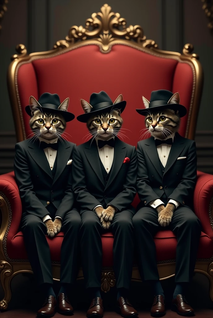Three cats sitting side by side on the chair dressed up like godfather