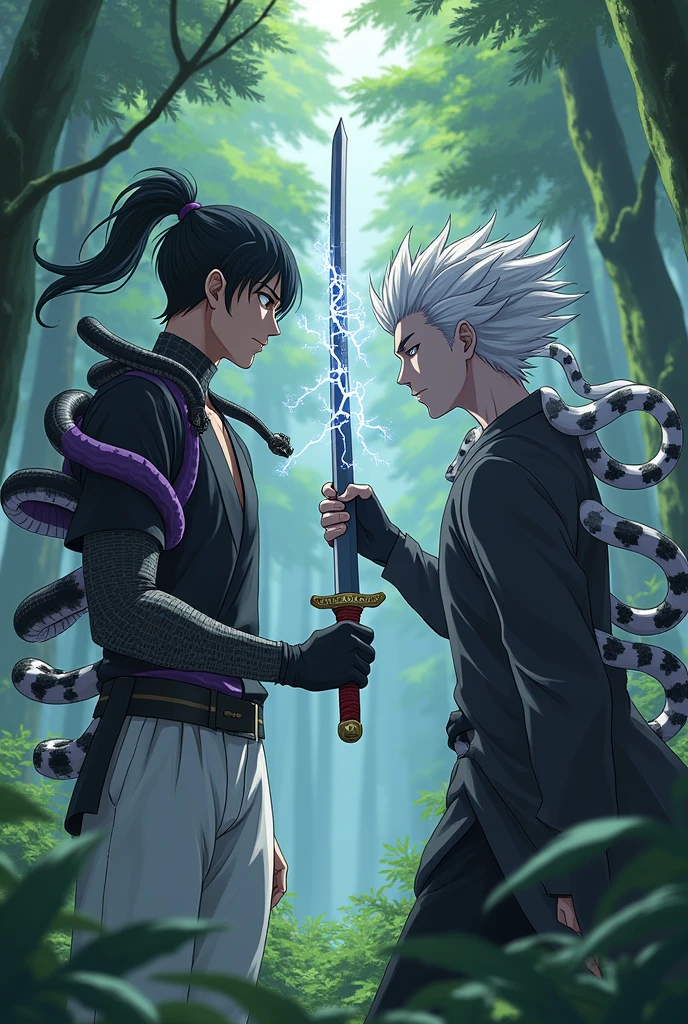25 year old young anime man character with black hair with ponytail and black eyes upset with a black shirt with purple stripes with snakes, white pants, Katana with lightning and fire hand and in a forest with bandages on his hands with 6 black and white snakes on his body, CROSSING THE KATANA against a white man with black spots and black hair full body