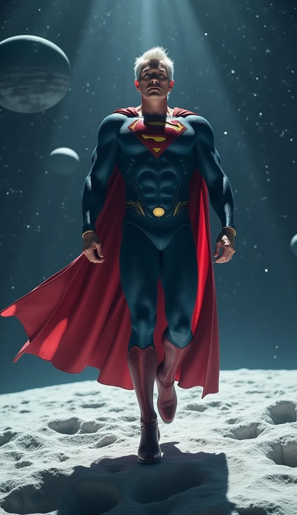 **The 50 year-old man gray hair, now Superman, leaps from the street and lands gracefully on the Moon's surface. He stands confidently in his superhero suit, surrounded by the vastness of outer space, with stars and planets visible in the distance, creating a stunning cosmic backdrop.**