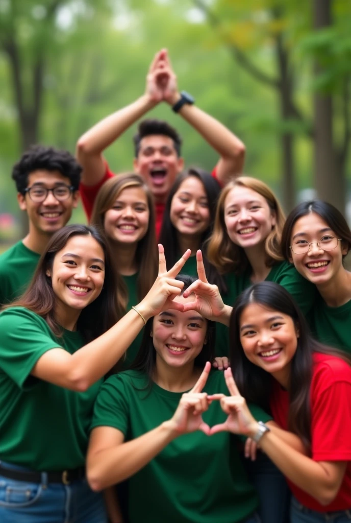 Create an image with a group of young people dressed in green and red shirts making the number 15 with their hands, cheerful and vibrant background in green and red colors. The image must be all Blurred Blurred.