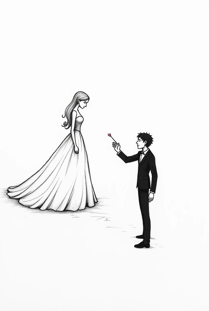 simple black and white drawing of an unattainable princess and a man with an arrow stuck in his chest