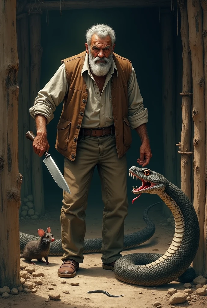 There is a farmer in a hut, that farmer has a knife in his hand, the farmer has caught the punch of a rat and in front of the farmer there is a big snake