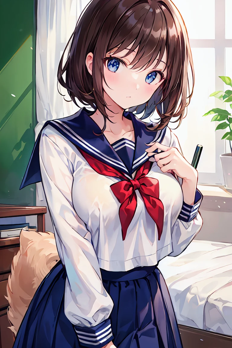 Dark brown hair color,Navy blue school top,Navy Straight Skirt,Kind girl,8K,Ultra HD,beautiful、doggystyle