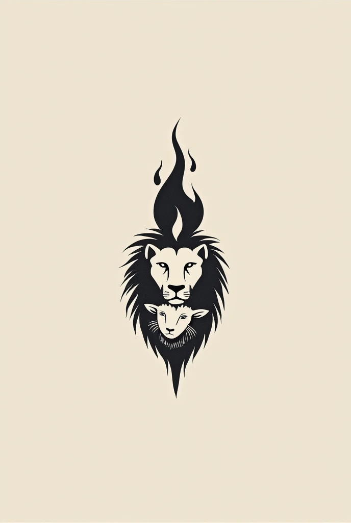 Minimalist tattoo of a lion&#39;s face looking to the left, Below it is the face of a lamb looking to the right and a large flame between them.