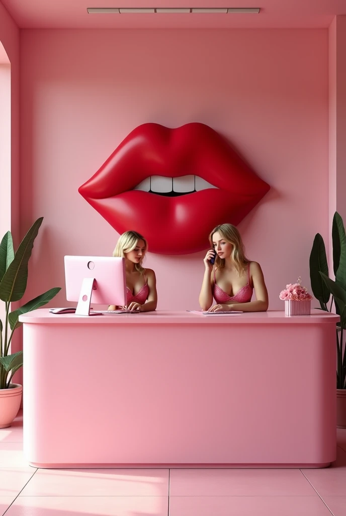 (photorealism:1.2) An empty pink reception front desk I'm a pink beauty salon seen from behind. "Behind" the desk there are two stunning sexy 19-year-old blonde girls with big breasts in sexy lingerie, sitting behind the desk, one of the girls is working on her pink desktop computer while the other girl is talking on a classic office phone, there's a big red kiss 💋 sign on the wall behind the girls