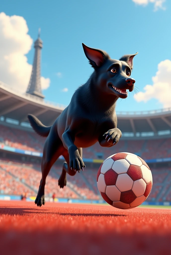 CREATE A BLACK DOG THAT LOOKS LIKE A BORDER COLLIE BUT ALL BLACK WITHOUT WHITE AS IF SHE WAS PLAYING FOOTBALL AT THE 2024 PARIS OLYMPICS WITH A DISNEY PIXAR STYLE DESIGN