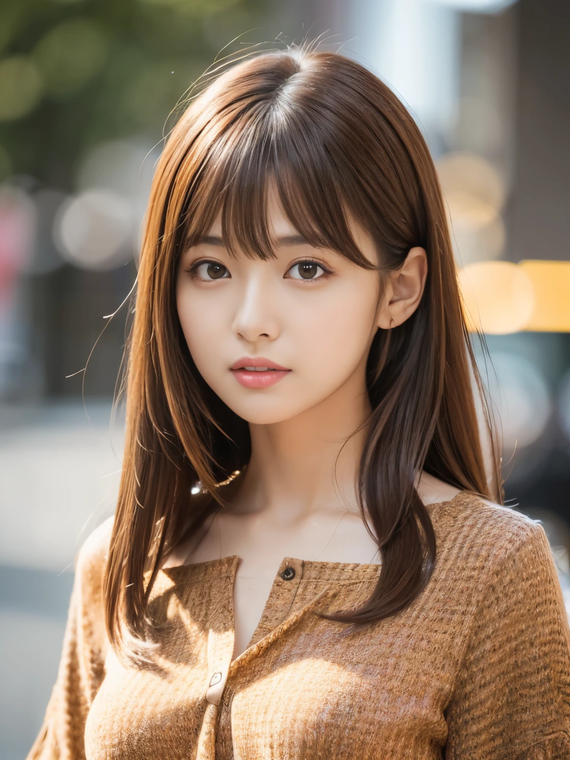 Ultra High Definition, Superior Quality, Premier Quality, ultra detailed, Photorealistic, 8k, RAW Photos, highest quality, masterpiece, Attractive girl, Stunning girl, Brown Hair, Shoulder Length Layered, asymmetrical bangs, Japanese Idol, Sophisticated, Stylish, blouse,Shibuya,