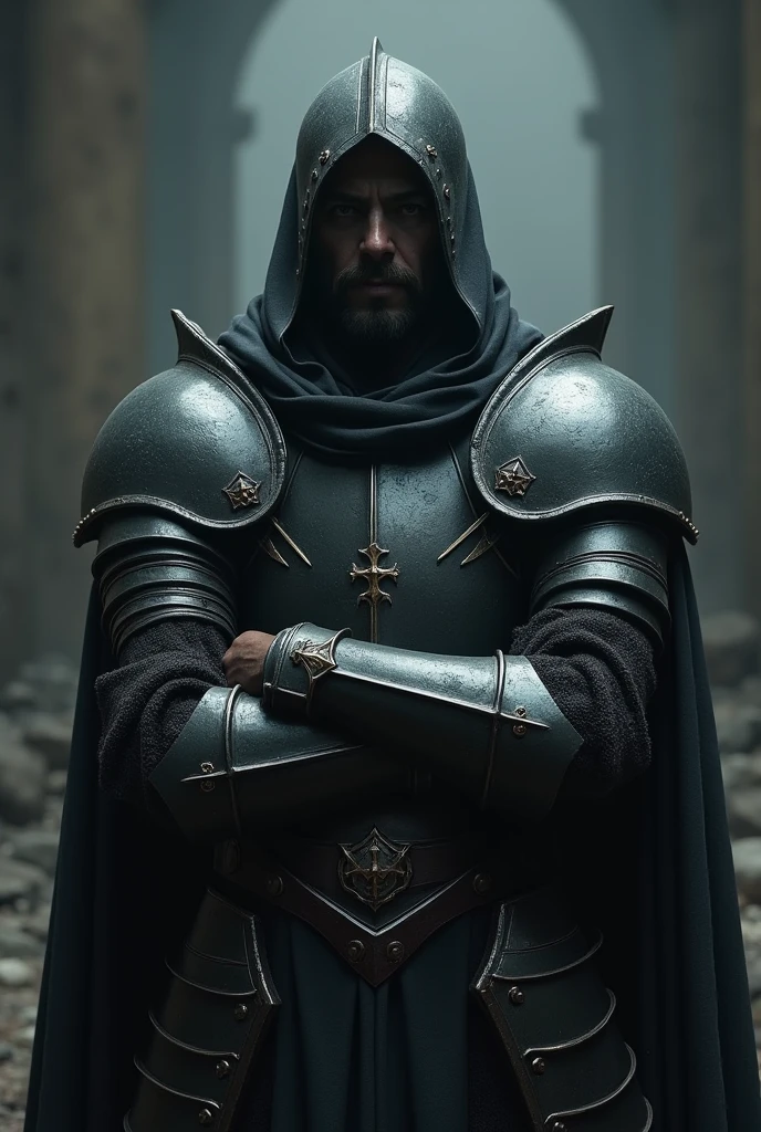 a knight, grimdark, dark, dark souls style, with a black armor, and arms crossed, with a common face