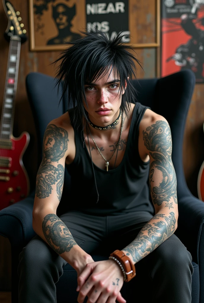 (photorealism:1.2), Jacob is a 20-year-old punk with a mop of unruly long black hair, piercing blue eyes, and a smattering of rebellious freckles across his nose. His arms are a canvas of tattoos, a visual diary of his passions and angst. He sits in a black velvet chair holding his massive cock, surrounded by posters and guitars