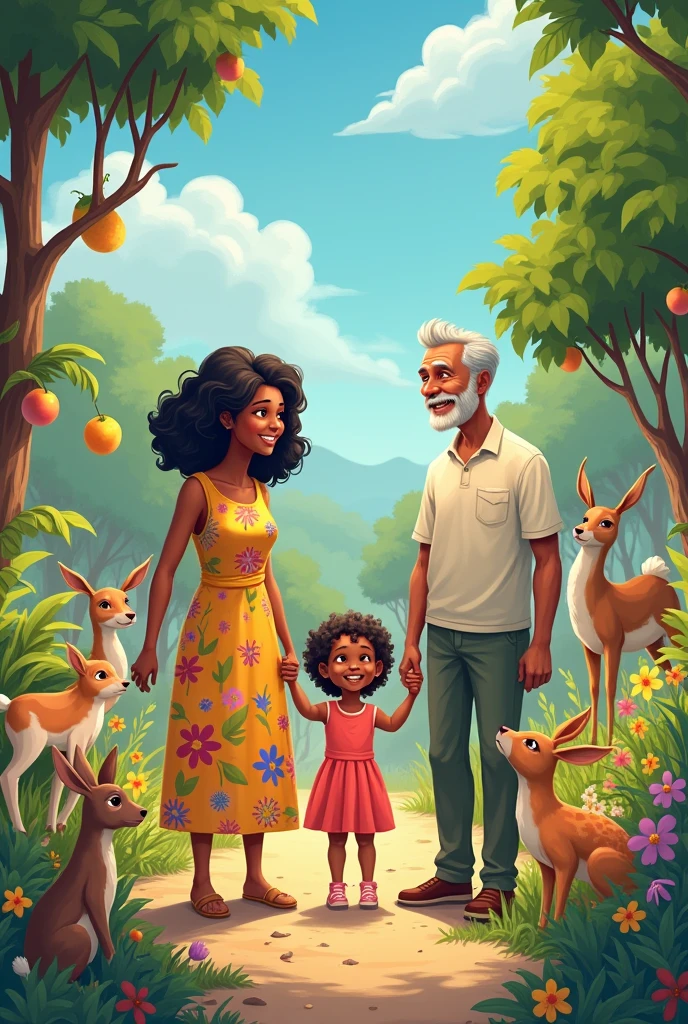 "I can already see myself In the new world With grandma Sandra And grandpa Raimundo"Crie uma ilustração sobre o verso acimaÉ A two-year-old imaginando a vida eterna em um belo paraíso na TerraVovó Sandra, black woman with black hair rejuvenated with the appearance of 25 years old Grandma Raimundo, average brown man, also with a rejuvenated appearance of 25 yearsIn the background other happy families, happy to live in a world free of disease and evilAnd wild animals free and completely tame play with the childrenAll with simple and beautiful clothes Illustration: The New World of Children Imagine a vibrant and colorful scene that captures the essence of the verse “I can already see myself In the new world With grandma Sandra And grandpa Raimundo”. In the center of the illustration, A two-year-old, with a radiant smile and eyes shining with joy, is holding hands with grandma Sandra and grandpa Raimundo.
Grandma Sandra is a black woman, with voluminous black hair, lush and rejuvenated, as if I were only 2. She is dressed in a simple dress, but beautiful, with bright colors and flower prints that reflect the joy of life. Your gaze is full of love and affection, as she leans towards the child, sharing a special moment.
Grandpa Raimundo, an average brown man, also rejuvenated, wear a light shirt and comfortable pants. He smiles broadly, with an expression of wisdom and peace, while playing with a small dog next to you. Your presence transmits security and joy, as if he were the protector of the family&#39;s happiness.
Ao fundo, other families are scattered, all happy and radiant, living in harmony. Children play freely, running among colorful flowers and fruit trees. There are no signs of disease or evil; the environment is full of love and joy.
wild animals, like deer and rabbits, are playing gently with the children, symbolizing peace and connection between all creatures in the world. They move smoothly, showing that in this