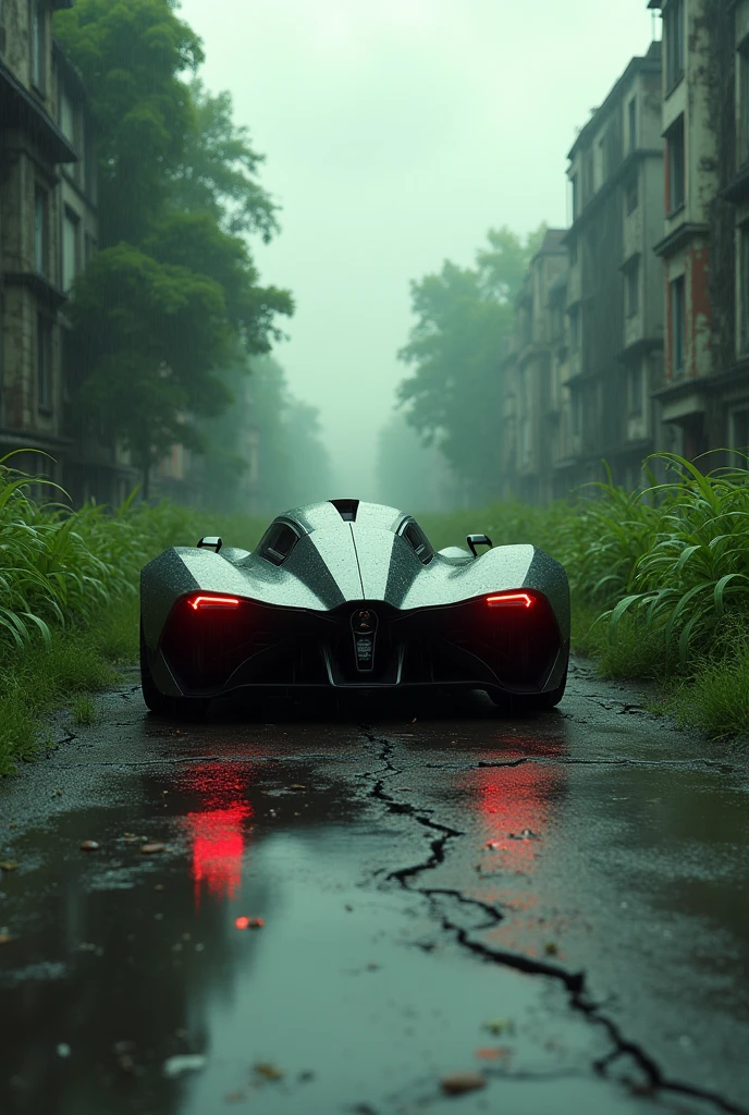 a hypercar, post-apocalyptic city street scene, tree grow everywhere, dilapidated buildings, cracked pavement, overgrown tall grass, cloudy dramatic sky, greeny, light rain, water reflection the car, reflection photography, cinematic lighting, cinematic composition, highly detailed, photorealistic