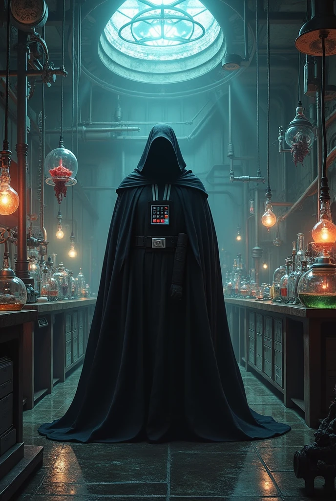 A Sith Lord from Star Wars, in a large underground laboratory, chemicals are in containers, animals and rare monsters lie in water containers, gloomy light, ultra-realistic, detailed