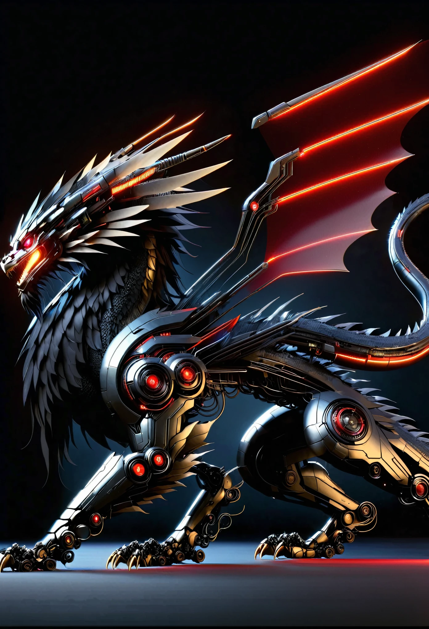 Futuristic war robot shaped like a small black dragon with some red details, His head is cybernetic metal with an aerodynamic shape