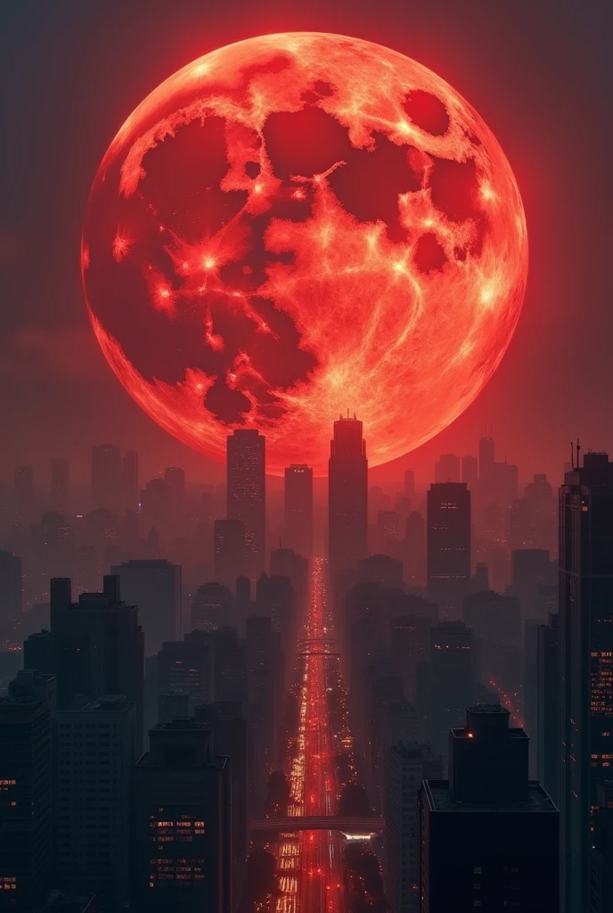 A giant super moon, of the color red, very large in a city landscape