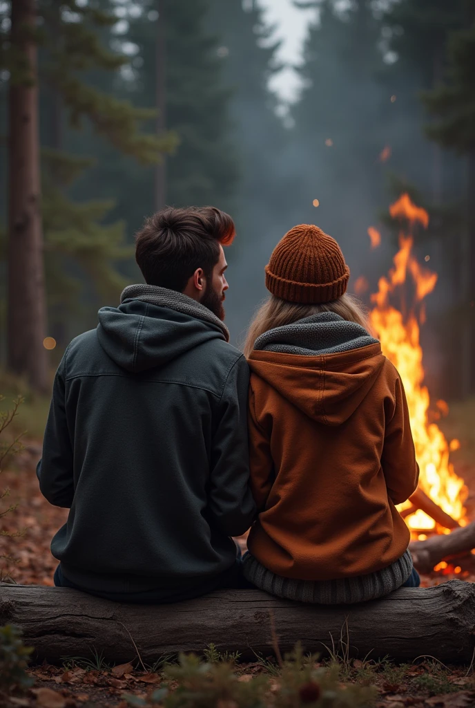 Couple sitting down at the camfire front view