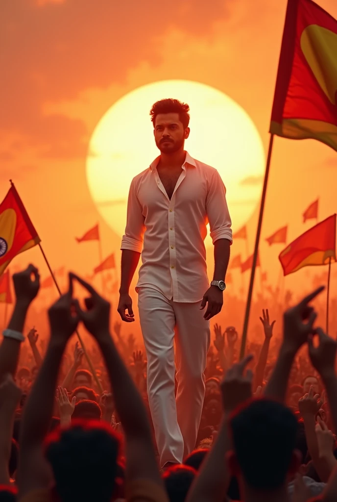 Thalapathy Vijay standing with white shirt in front the crowd and crowd having flag of top and bottom red and middle yellow in the sunrise morning reddish