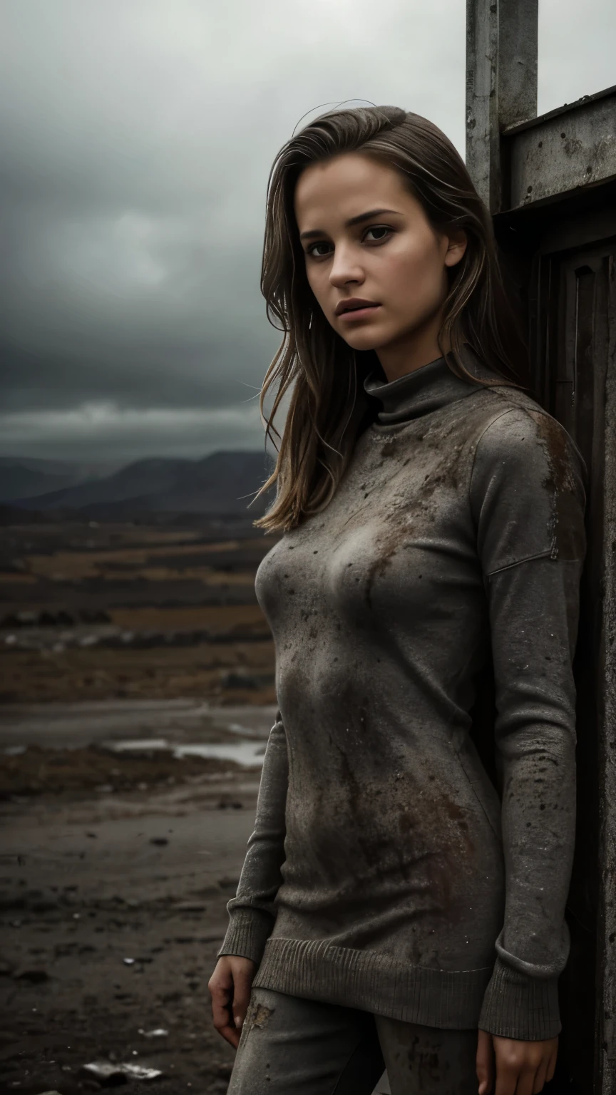 Foto hiperrealista en primer plano de 20 years old Alicia Vikander, masterpiece, best quality, (photorealistic:1.4), full body, she is dirty, dirty mini sweater dress with stains and with long sleeve, dirty pants, dirty clothes with stains, Depict a rural landscape in the rugged style of the game's concept art. This work should evoke a sense of abandonment and despair in a futuristic, post-apocalyptic world. Notice the intricacies of detail, the sharp focus, grey sky, cinematic light, beautiful woman, skinny, medium breasts, straight dark blond  hair, detailed face, photo taken from a distance