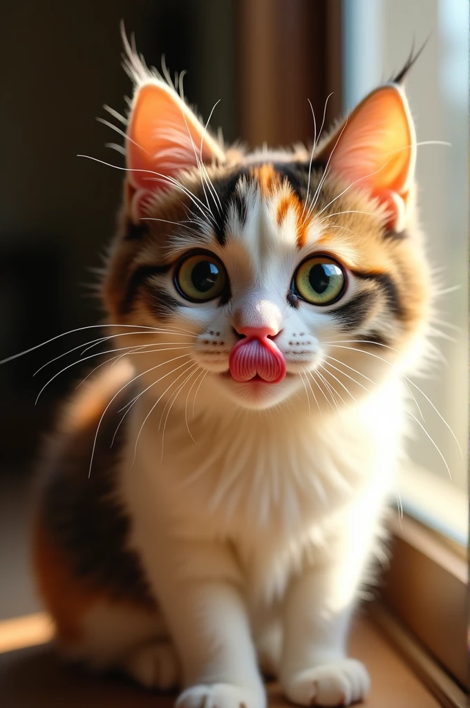 "A close-up shot of a cat with white, brown, and black fur, sitting near a sunlit window. The cat has large, round green eyes and a playful expression as it licks its lips, with its tongue curling up towards its nose. The light streaming through the window casts soft shadows, highlighting the cat’s fur and creating a warm, cozy atmosphere. The focus is sharp on the cat's face, capturing the texture of its fur and the glint in its eyes."
