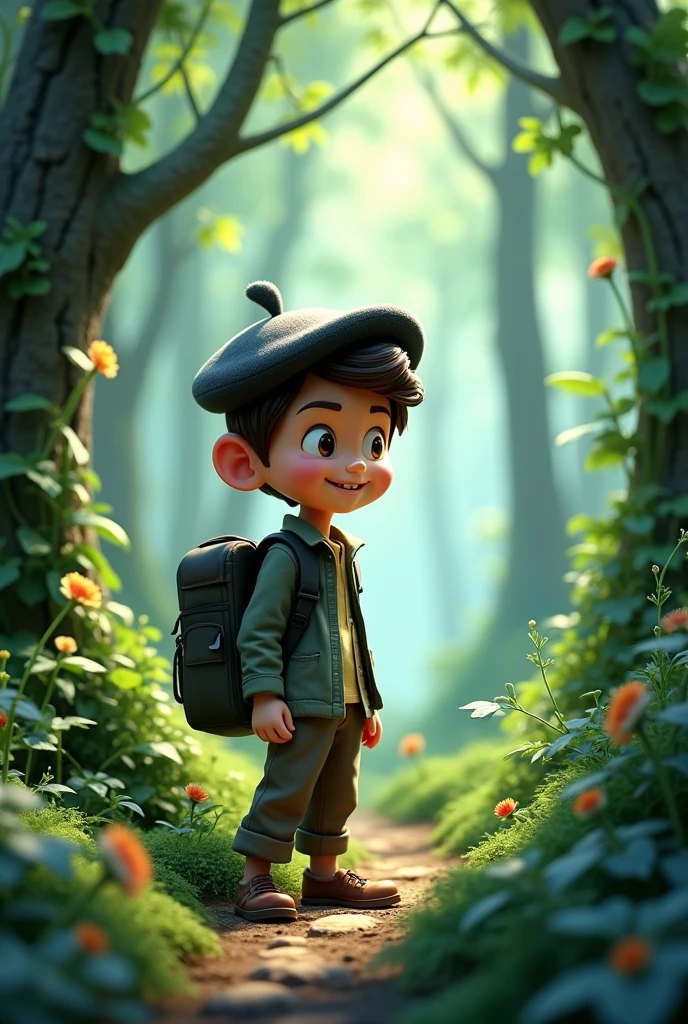 Biologist in the forest, with a beret on his head , blackw, black, 3D Poster,Disney folk character
