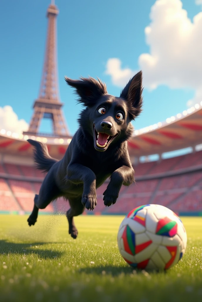 CREATE A BLACK DOG THAT LOOKS LIKE A BORDER COLLIE BUT ALL BLACK WITHOUT WHITE AS IF SHE WAS PLAYING FOOTBALL AT THE 2024 PARIS OLYMPICS WITH A DISNEY PIXAR STYLE DESIGN