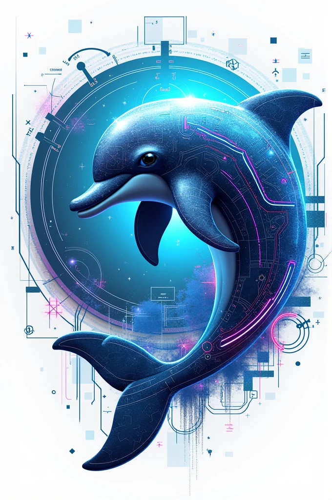 Logo that involves technology together with the arts featuring a dolphin