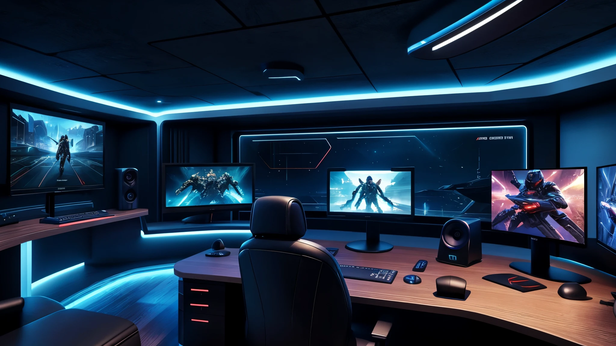 scifi, futuristic dark pc gaming room, 3 curved monitors, futuristic, hightech, hard-surface design, daylight, much tech, much electronic, very cozy, ambient light, realistic view, wide angle, year 2224