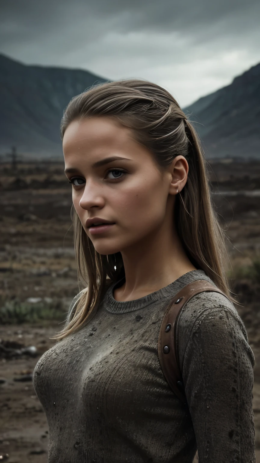 Foto hiperrealista en primer plano de 20 years old Alicia Vikander, masterpiece, best quality, (photorealistic:1.4), full body, she is dirty, dirty mini sweater dress with stains and with long sleeve, dirty pants, dirty clothes with stains, Depict a rural landscape in the rugged style of the game's concept art. This work should evoke a sense of abandonment and despair in a futuristic, post-apocalyptic world. Notice the intricacies of detail, the sharp focus, grey sky, cinematic light, beautiful woman, skinny, medium breasts, straight dark blond  hair, detailed face, photo taken from a distance