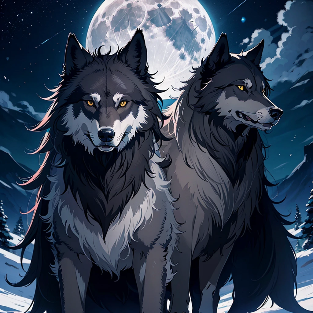 Portrait of a majestic dark grey wolf in anime style. A full moon in the background. Anatomically correct.