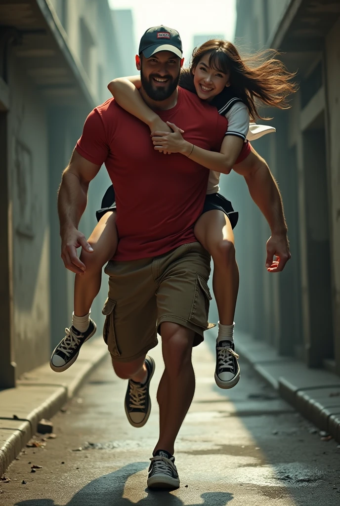 Muscular man wearing a shirt with long shorts Long loose shorts With pockets on the sides with converse sneakers red T-shirt and brown shorts Long short, Normal musculature With beard and baseball cap Realistic musculature Running at a high speed with a woman in a school uniform Sailor uniform with short skirt on her back in an alley Like a hero