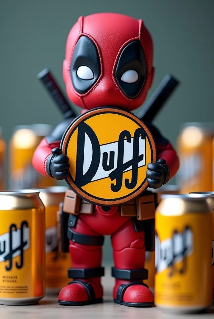 Deadpool doll holding a round logo of the duff word brand with beer cans 