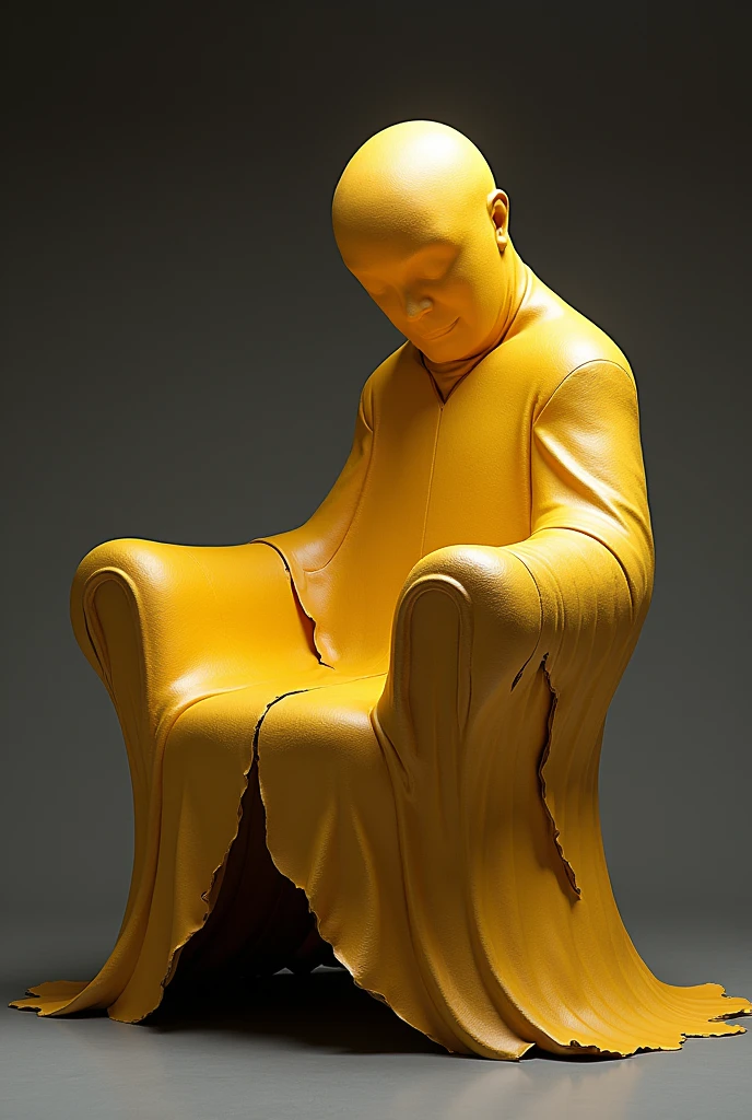 An armchair in the shape of a bald wizard, The shape has to be like a standing mango, very little peeling of the part where the back of the chair would be. In the front part, the handle should be a little more than half sticking out so that the person can sit on that part and the peeled part of the shell reaches the floor to rest their feet a little.