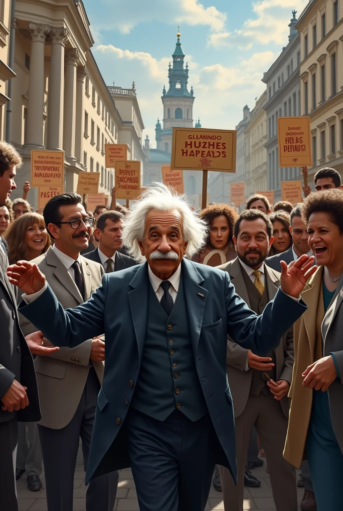 , Prague, and Berlin.
5. **Political Activism**: Design an image of Albert Einstein participating in a civil rights or political rally. Show him engaging with diverse groups of people, holding signs or banners advocating for civil rights or Zionism.