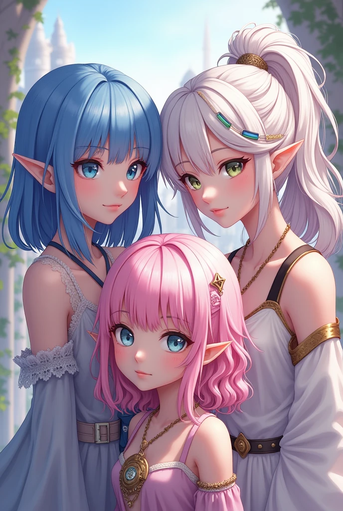 An elf with shoulder-length blue hair gets bangs, a human with wavy pink hair without bangs and a human with white hair tied in a ponytail with anime-style bangs 
