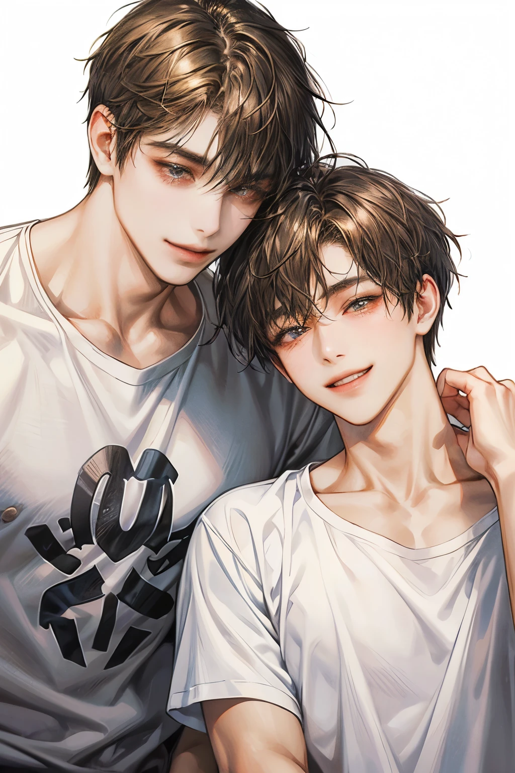 male couple, high resolution, Masterpiece, qualityที่ดีที่สุด, details, detailsสูง, quality, Anatomically correct, โมเดลhigh resolution, detailsมาก, high resolutionสุด, black hair, brown hair, รอยsmileชั่วร้าย, smile, simple background, Lots of white background, two men, MSM, t-shirt