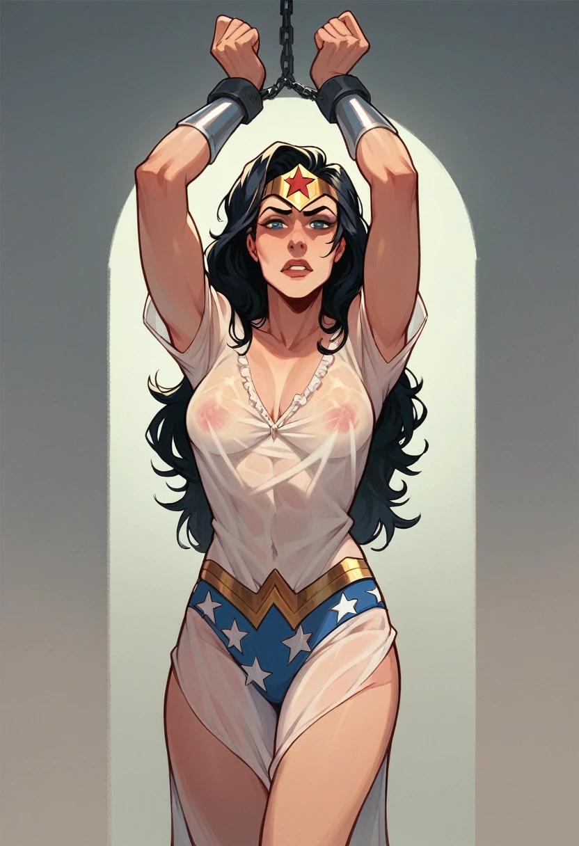 Wonder woman, chained, transparent blouse, blouse clinging to her body
