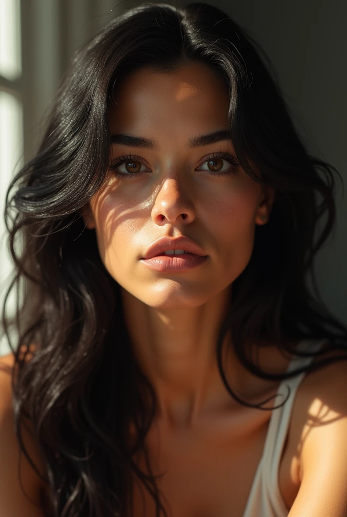 Create a realistic image of a Latina woman with lifelike facial features. Her skin should have a warm, natural tone with subtle imperfections like pores and slight blemishes to enhance the realism. Her facial structure should include high cheekbones, full lips, and dark brown eyes with defined brows. Her hair should be long, dark, and slightly wavy, cascading naturally around her shoulders. The expression on her face should be neutral yet expressive, capturing a moment of calm thoughtfulness. Ensure the lighting is soft and natural, highlighting the textures of her skin and hair.
