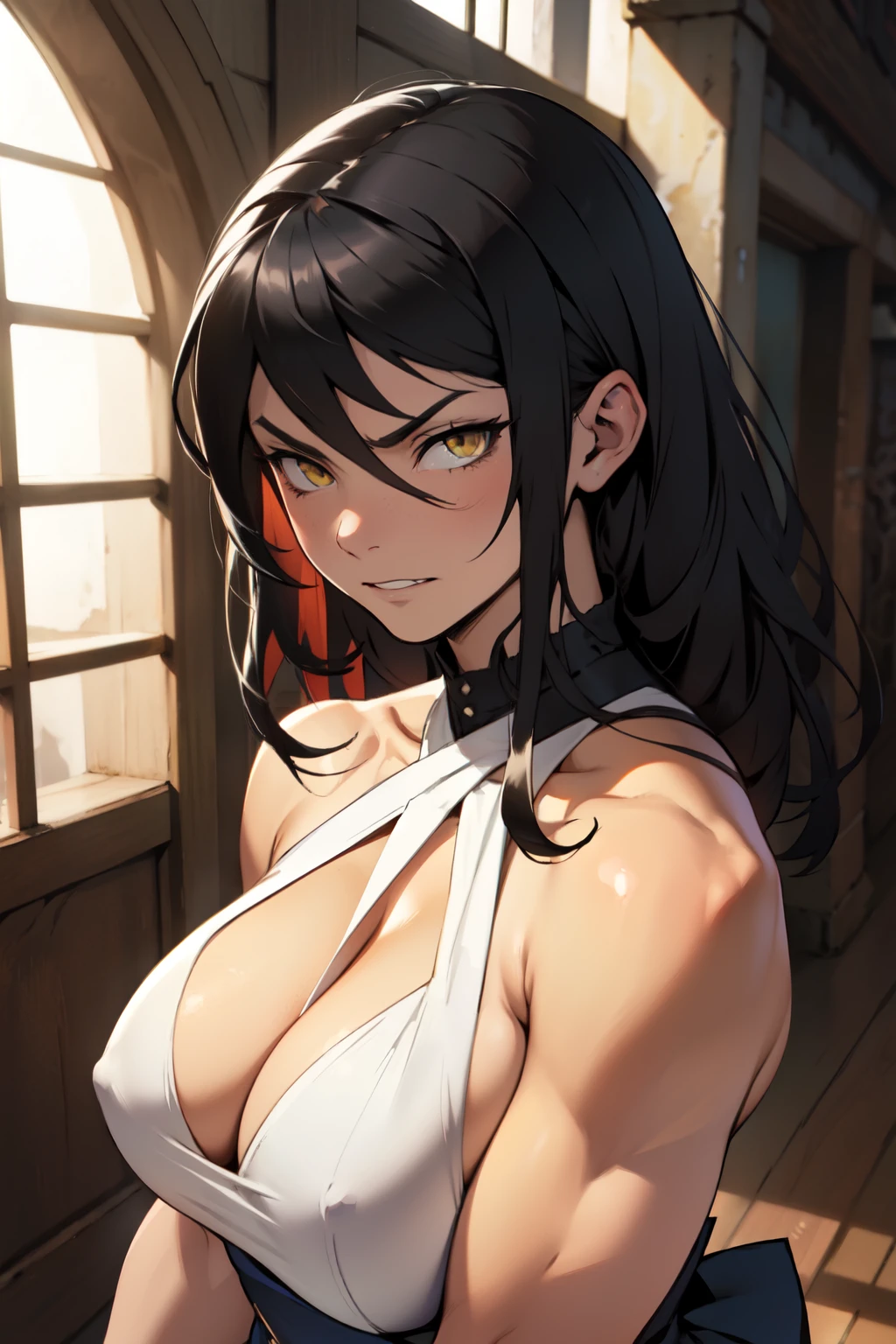 breasts huge muscles muscular girl black hair yellow eyes pale skin cocky smug confident expression smug confident expression silk black dress
