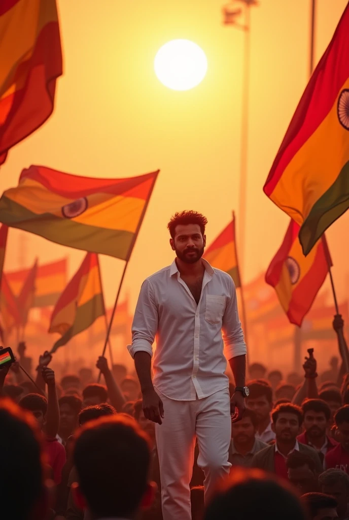 Thalapathy Vijay standing with white shirt in front the crowd and crowd having flag of top and bottom red and middle yellow in the sunrise morning reddish