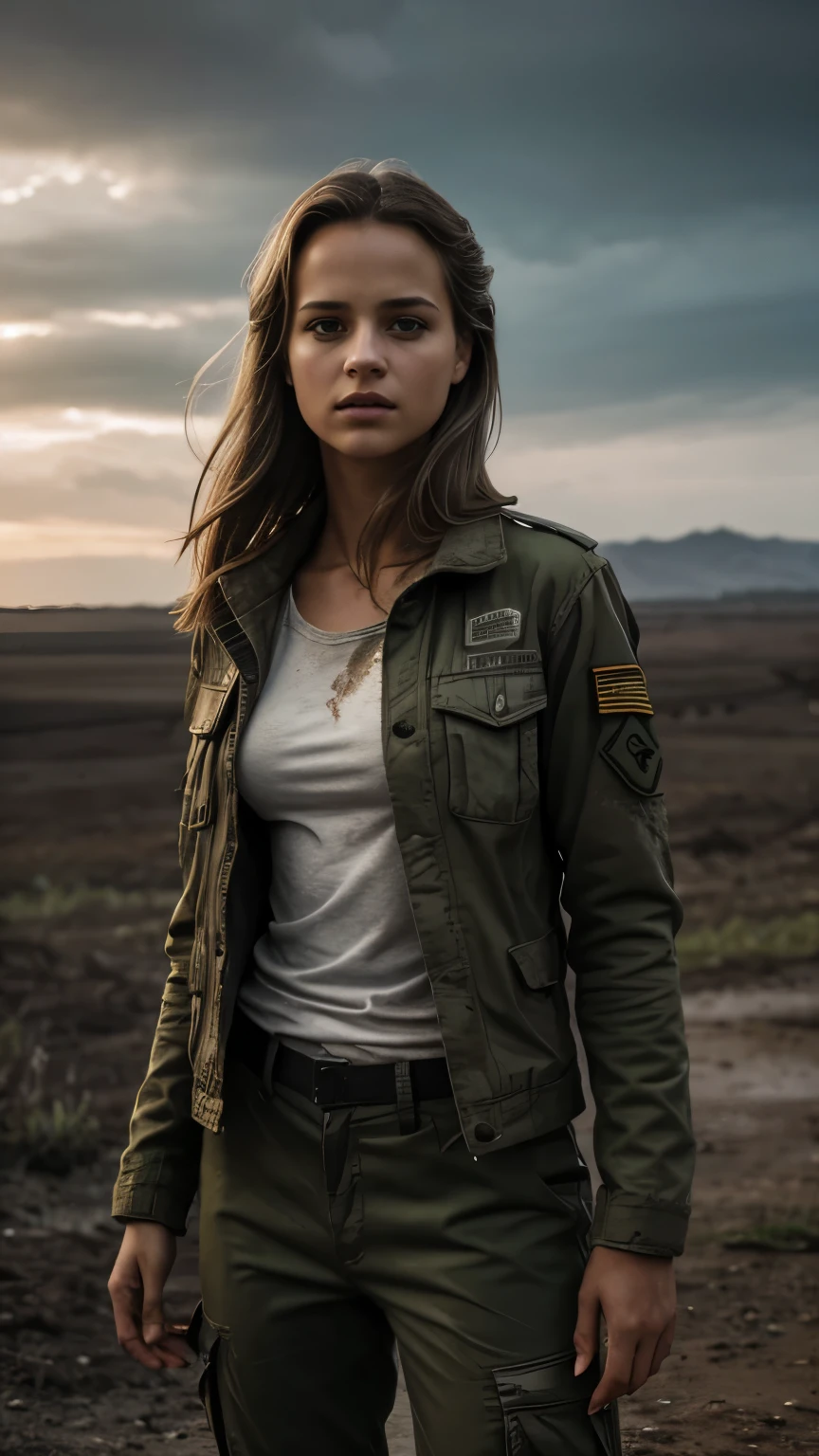 Foto hiperrealista en primer plano de 20 years old Alicia Vikander, masterpiece, best quality, (photorealistic:1.4), full body, she is dirty, wear dirty green army uniform (dirty jacket over white t-shirt, dirty tactical pants), dirty clothes with stains, Depict a rural landscape in the rugged style of the game's concept art. This work should evoke a sense of abandonment and despair in a futuristic, post-apocalyptic world. Notice the intricacies of detail, the sharp focus, grey sky, cinematic light, beautiful woman, skinny, medium breasts, straight dark blond hair, detailed face, photo taken from a distance