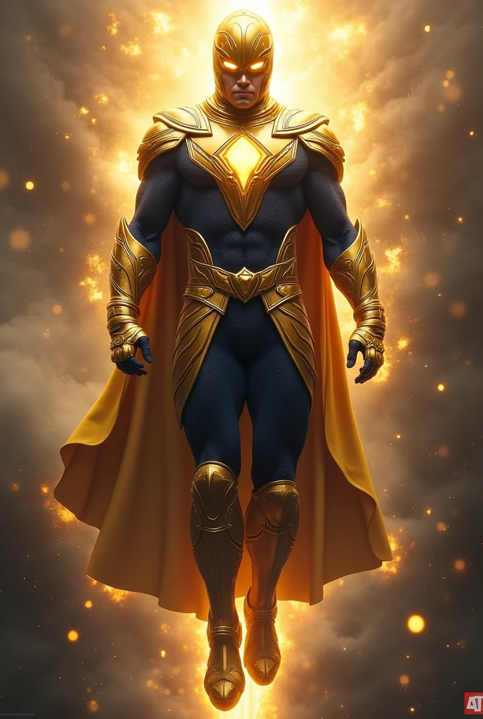 Superhero, golden knight helmet, golden amulet, golden gloves and boots, golden belt, dark blue costume, floating pose,