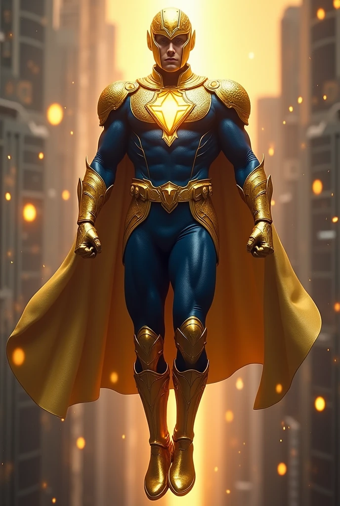 Superhero, golden knight helmet, golden amulet, golden gloves and boots, golden belt, dark blue costume, floating pose,