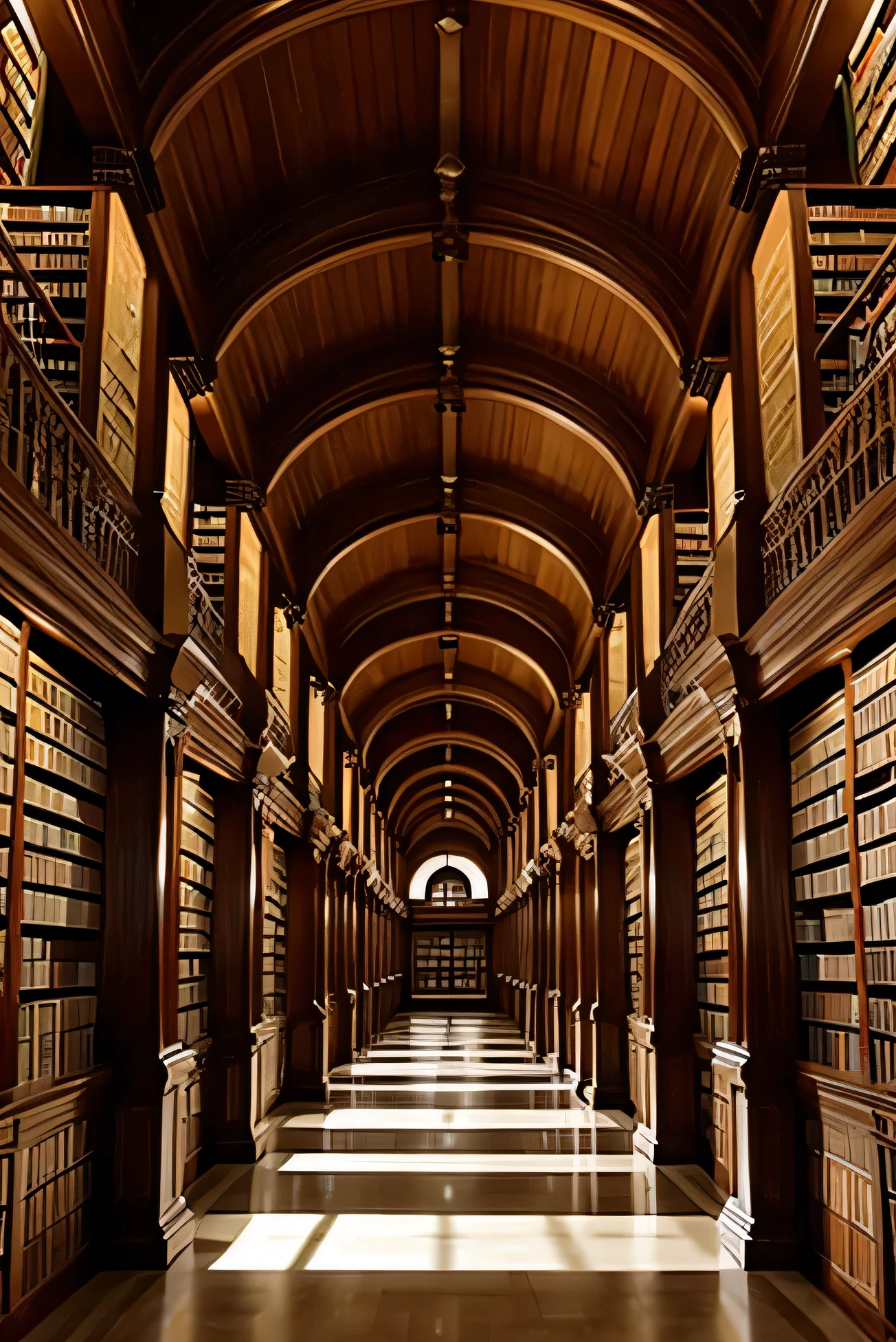 A long library corridor with many books