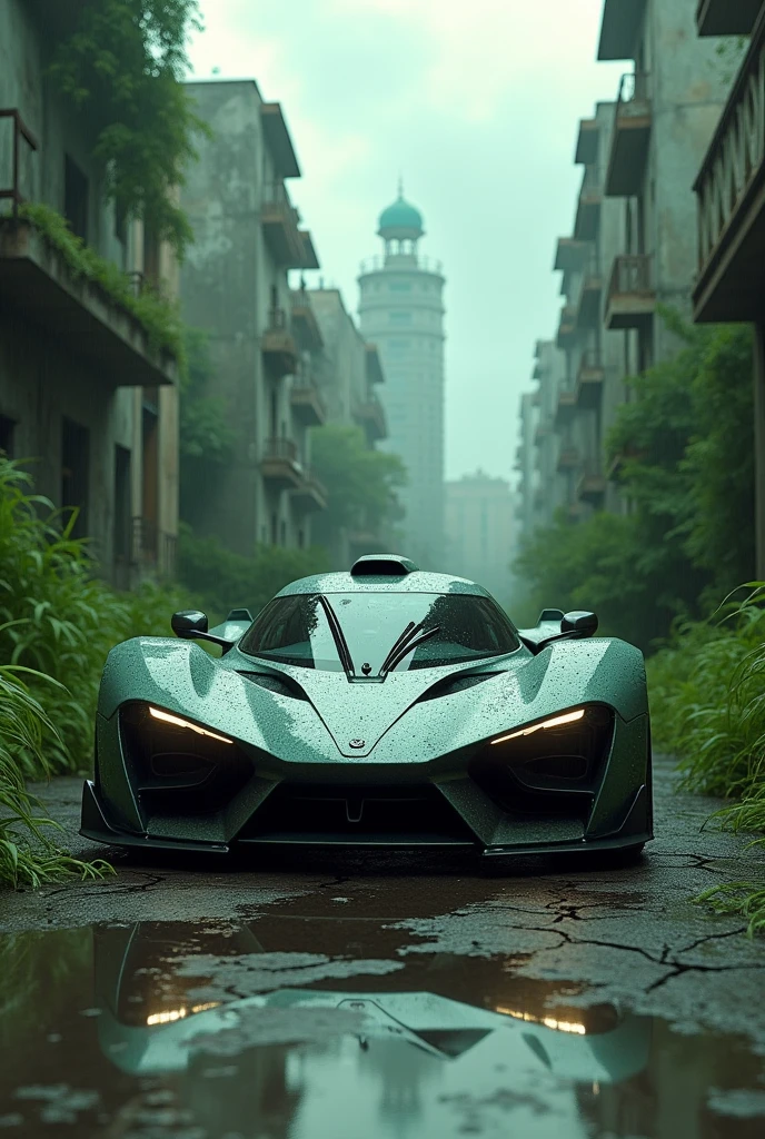 a hypercar, post-apocalyptic city street scene, tree grow everywhere, dilapidated buildings, cracked pavement, overgrown tall grass, cloudy dramatic sky, greeny, light rain, water reflection the car, reflection photography, cinematic lighting, cinematic composition, highly detailed, photorealistic