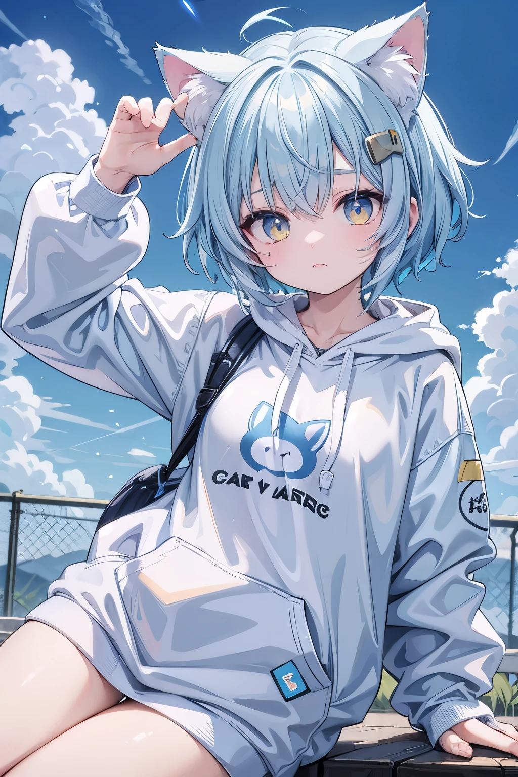 Light blue hair Cat ear Eye Color: Yellow Cute Outfits Hoodies Looks like Rei Ayanami Cat ear is a little modest and has long hair. cool