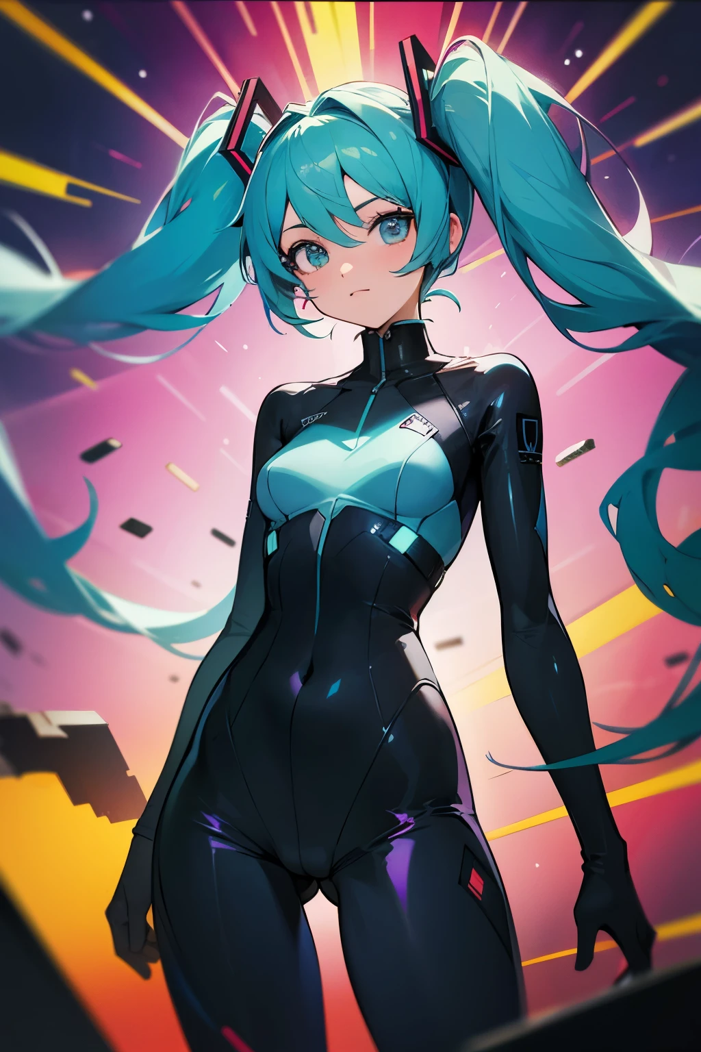 (absurdres, highres, ultra detailed), (1girl:1.3), twintails, terquoise hair, hatsune miku, seamless bodysuit, cameltoe, beautiful girl, cute, BREAK , glitch art, digital distortion, pixelated fragments, data corruption, colorful noise, visual chaos, contemporary aesthetics BREAK , glass-like surface, vibrant colors, glossy finish, reflective textures, rich pigments, fluid forms BREAK , science fiction style, scifi thin clothing, vibrant patterns, scifi accessories, 