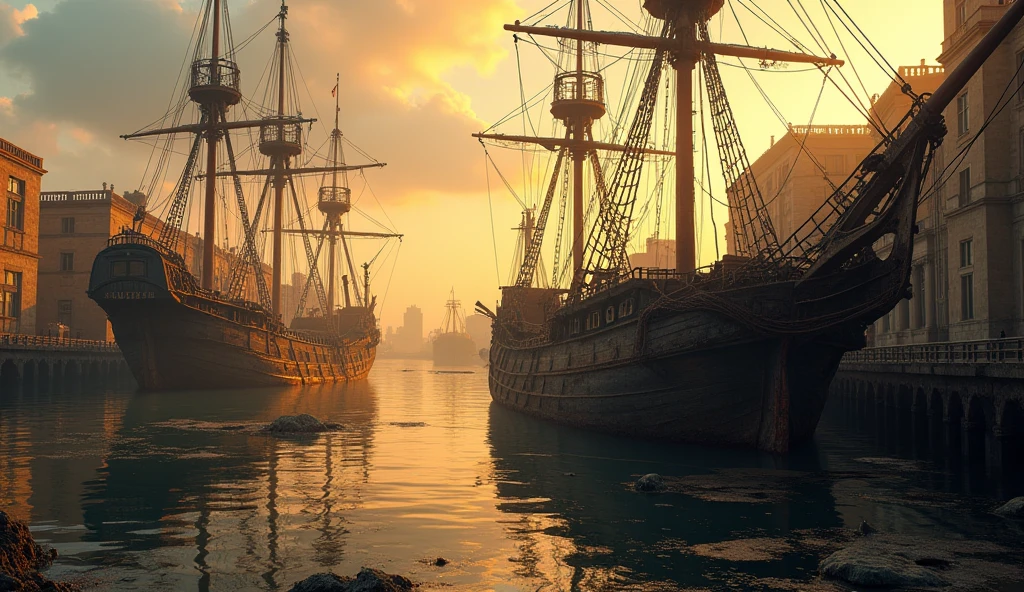Ships of the Invincible Armada , rotting and broken in an 18th century Galician port. There is one of the ships that is already half sunken. Cinematic plan, Sunset, Image of sadness, Abandonment, poverty.