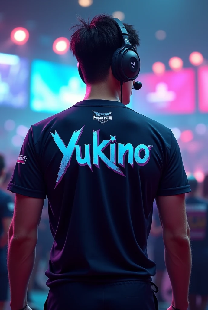 A eSports player back t shirt and on t shirt name is YUKINO 